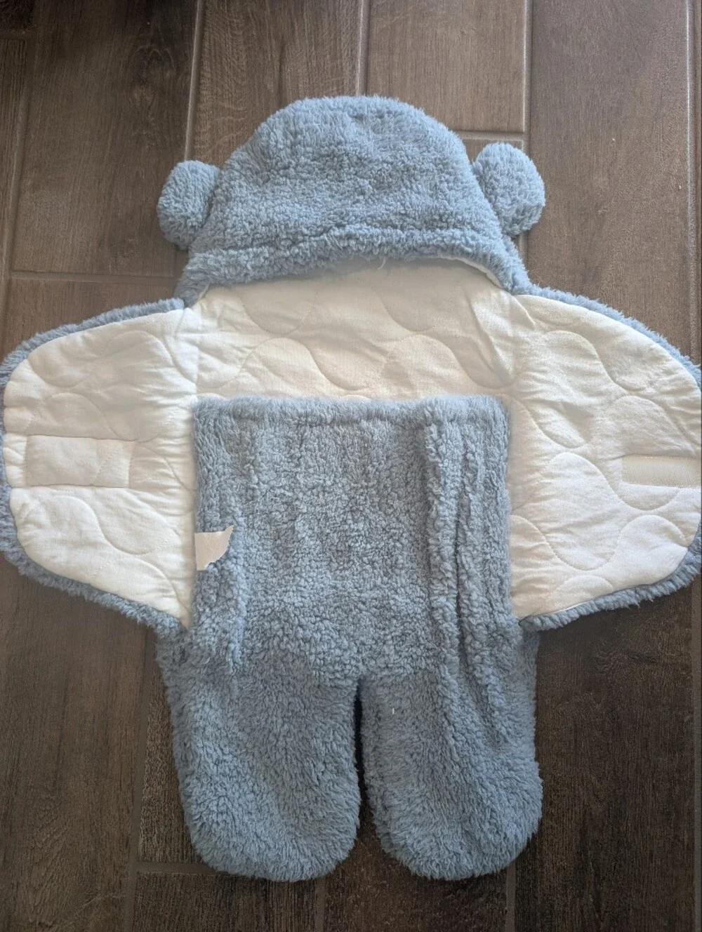 Cozy Light Blue Sherpa Baby Swaddle with Bear Hood